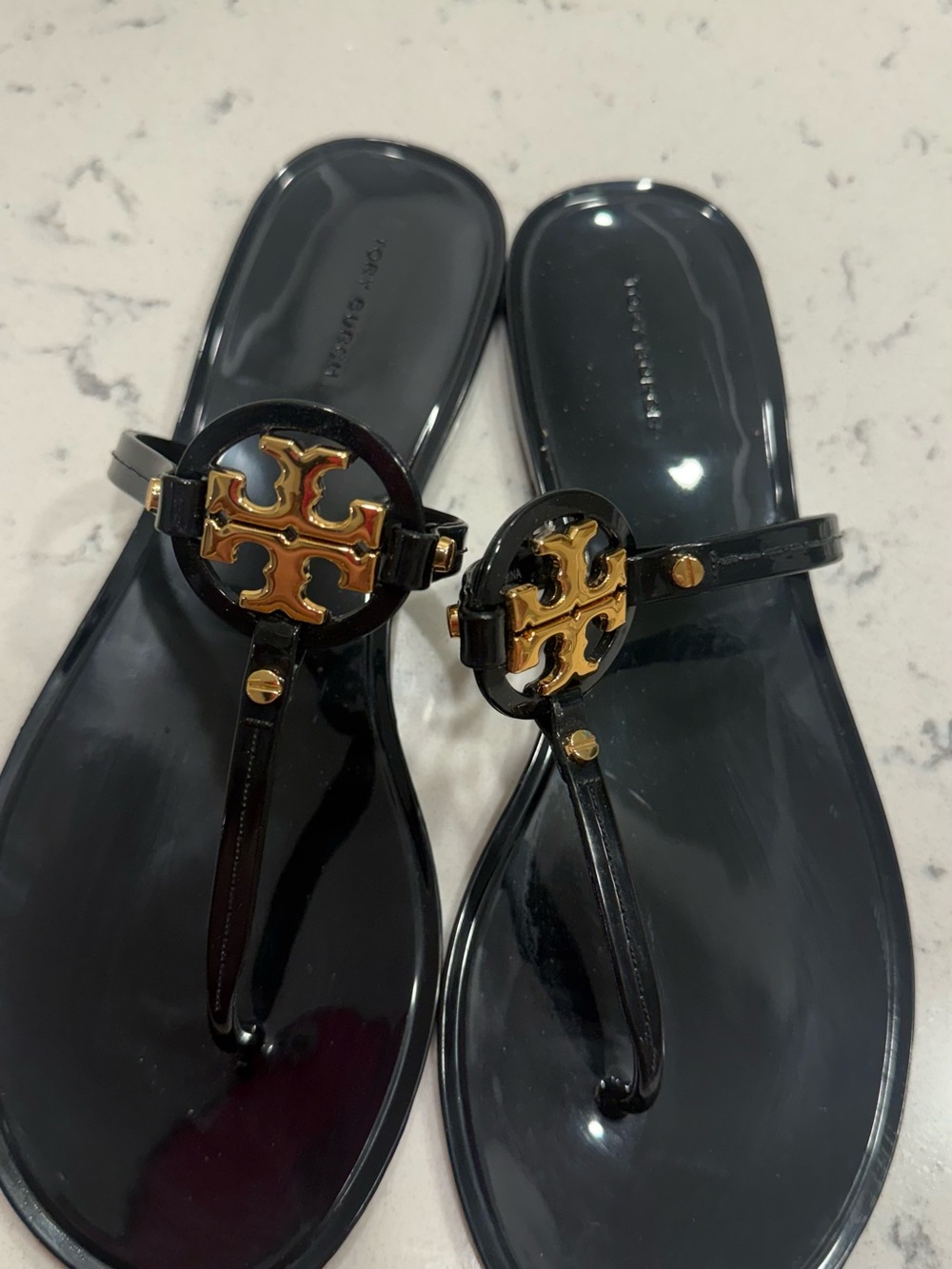 Tory Burch Black Jelly Thong Sandals with Gold Logo
